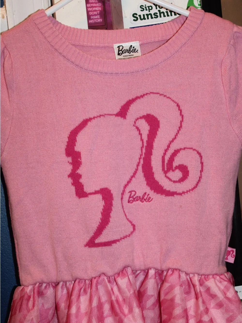 Mattel Barbie Girl Sweater Knit Tutu Dress Pink Houndstooth Size Medium 7/8